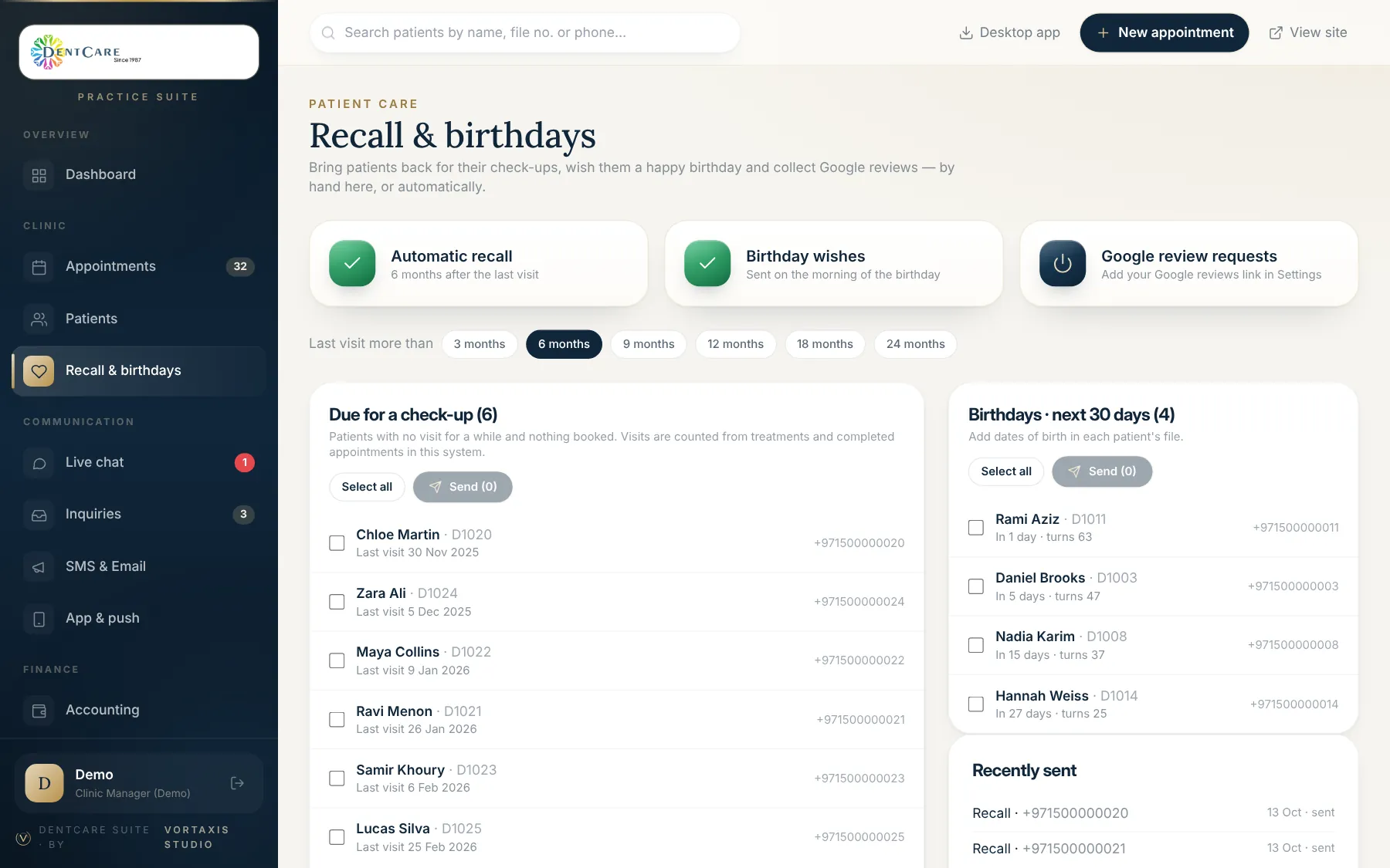 DentCare Suite — Admin recall