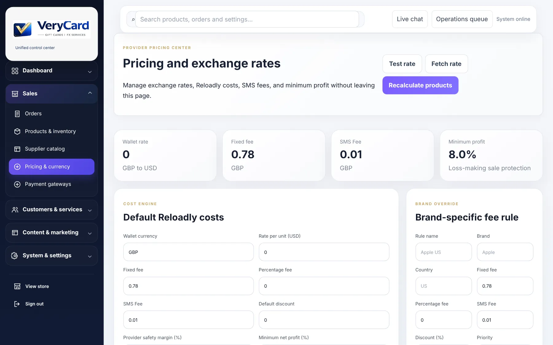 VeryCard — Admin pricing