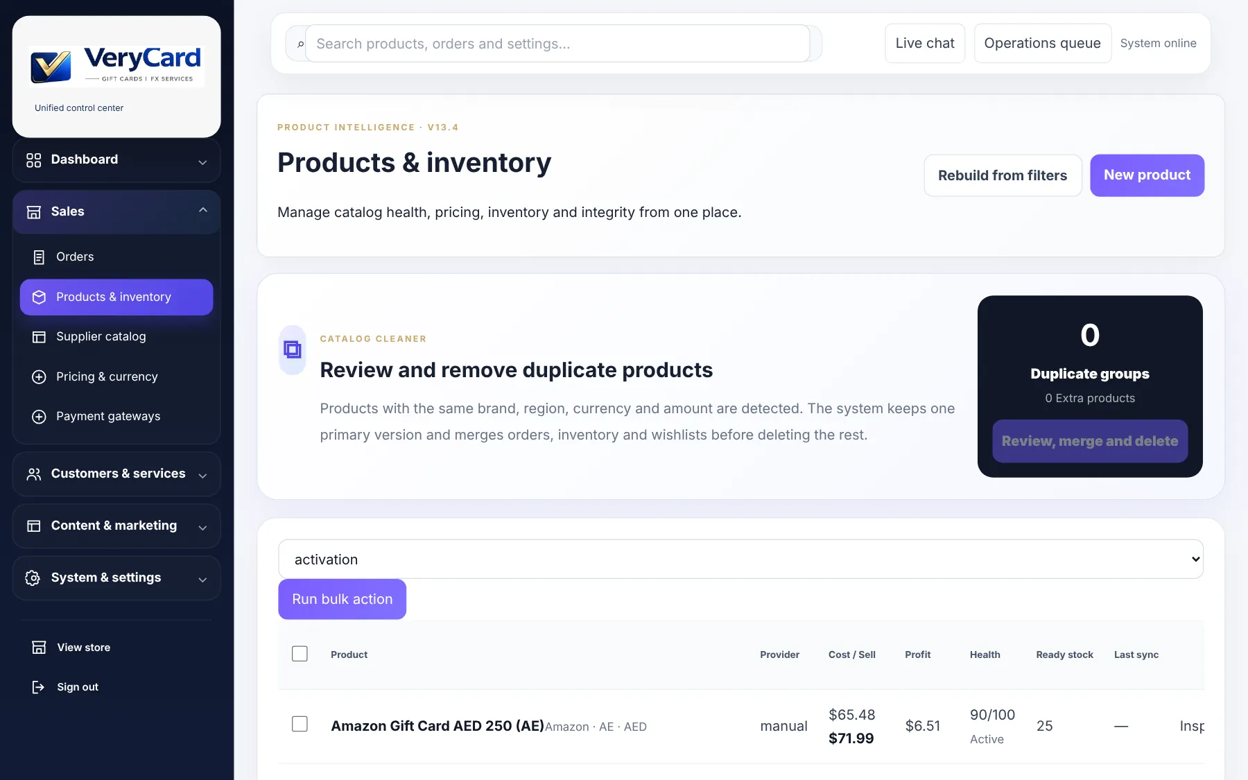 VeryCard — Admin products
